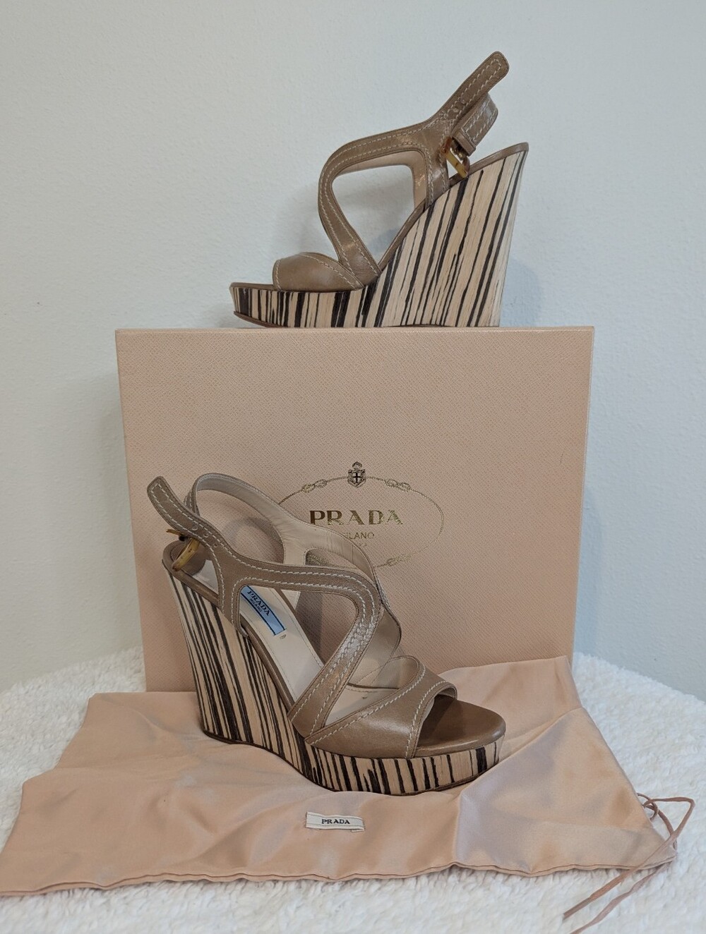 Prada Taupe Leather Criss Cross Wedge Platform Sandals Size 38 with Box
